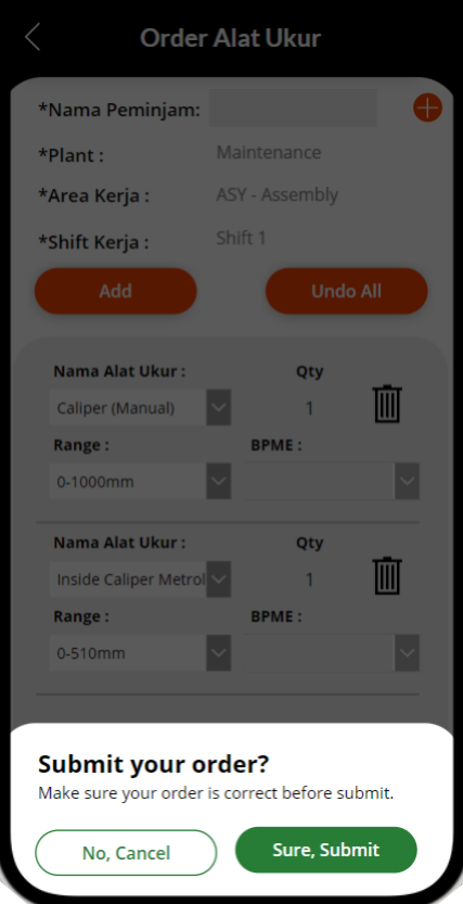 The same original mobile workflow asks the operator to confirm the order before it is sent to the store.