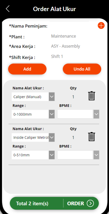 The complete original mobile order screen captures the working area, shift, tool and quantity. Personal and internal identifiers are redacted.